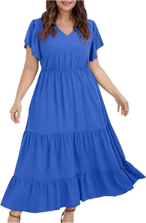 Summer Dresses for Women V Neck Ruffle Sleeve Casual Dress Beach Party Tropical Vacation Patchwork Maxi Sundress