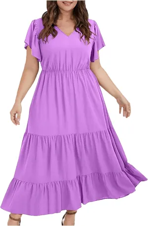 Summer Dresses for Women V Neck Ruffle Sleeve Casual Dress Beach Party Tropical Vacation Patchwork Maxi Sundress
