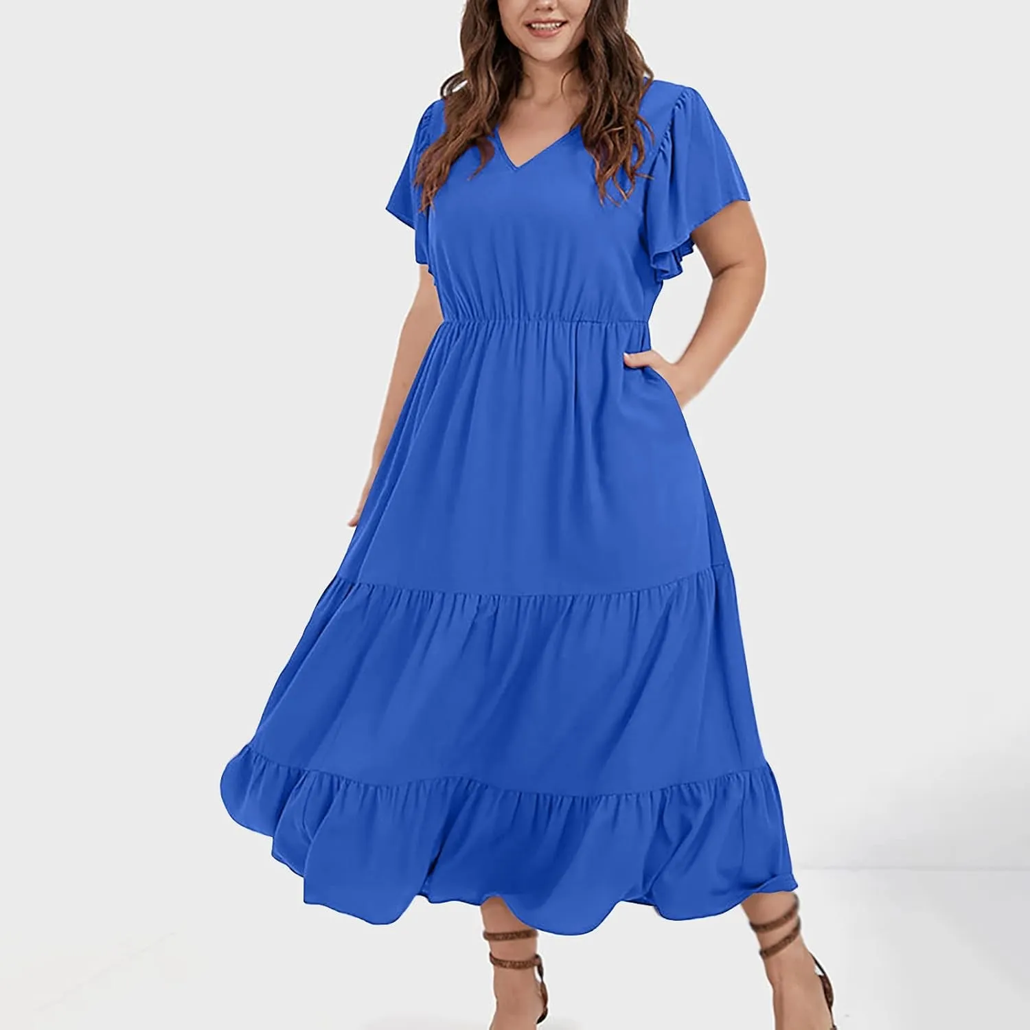 Summer Dresses for Women V Neck Ruffle Sleeve Casual Dress Beach Party Tropical Vacation Patchwork Maxi Sundress