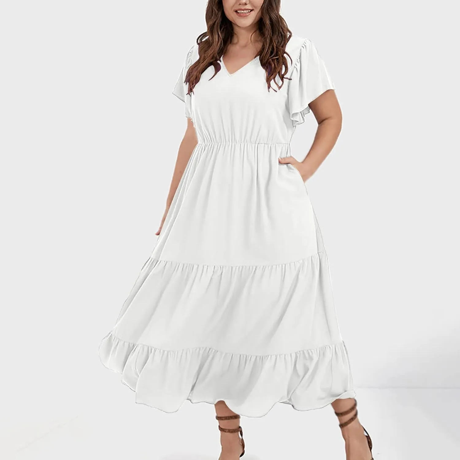 Summer Dresses for Women V Neck Ruffle Sleeve Casual Dress Beach Party Tropical Vacation Patchwork Maxi Sundress