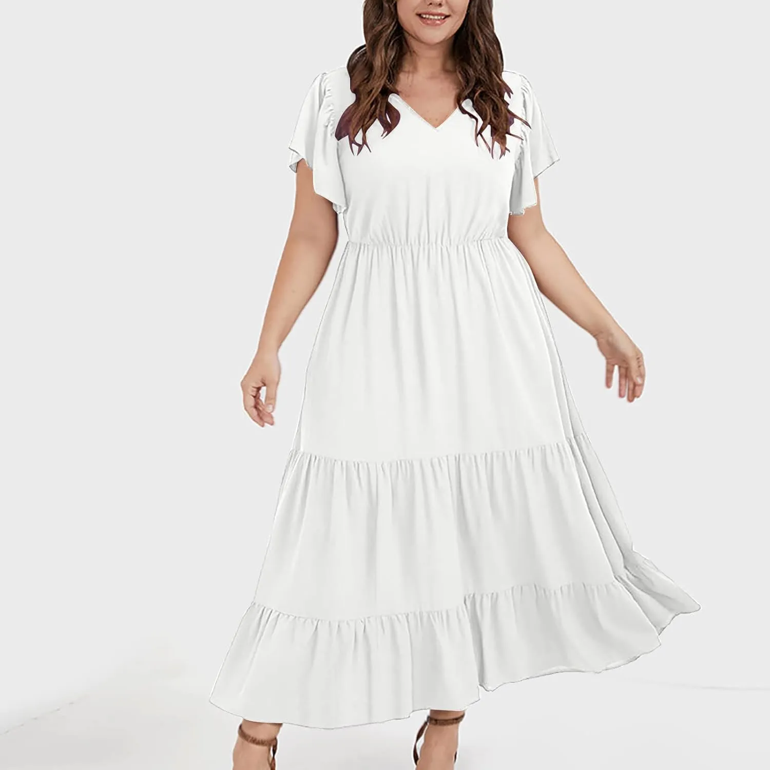 Summer Dresses for Women V Neck Ruffle Sleeve Casual Dress Beach Party Tropical Vacation Patchwork Maxi Sundress