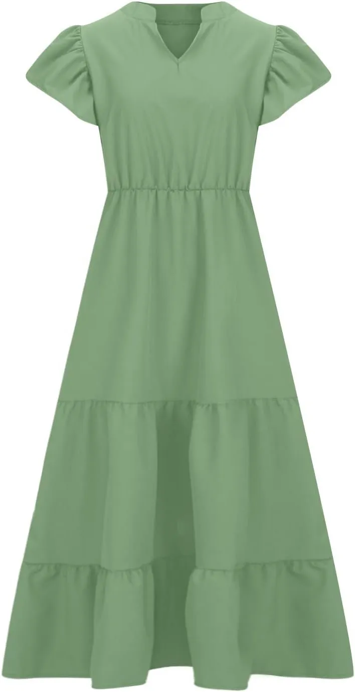 Summer Dresses for Women V Neck Ruffle Sleeve Casual Dress Beach Party Tropical Vacation Patchwork Maxi Sundress