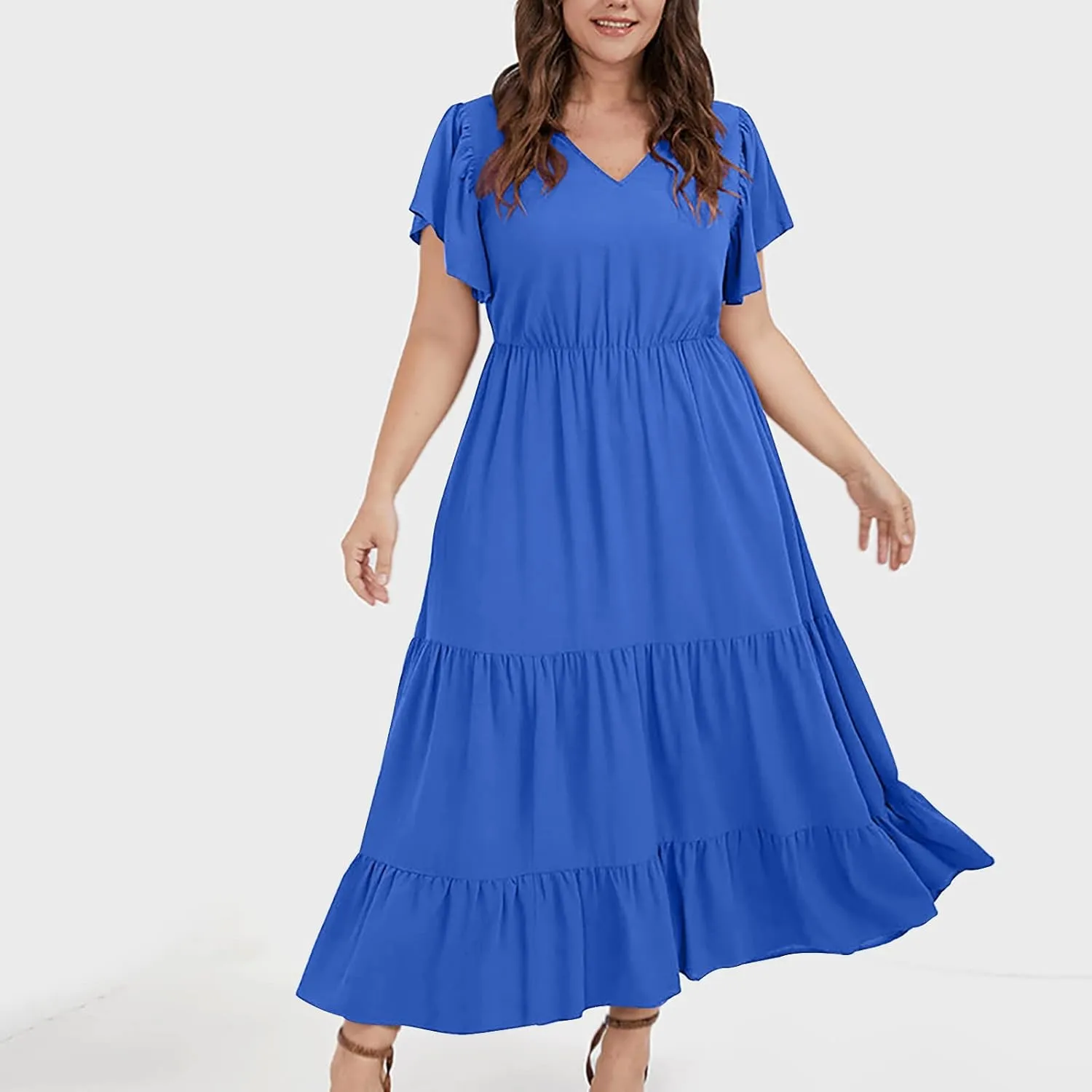 Summer Dresses for Women V Neck Ruffle Sleeve Casual Dress Beach Party Tropical Vacation Patchwork Maxi Sundress