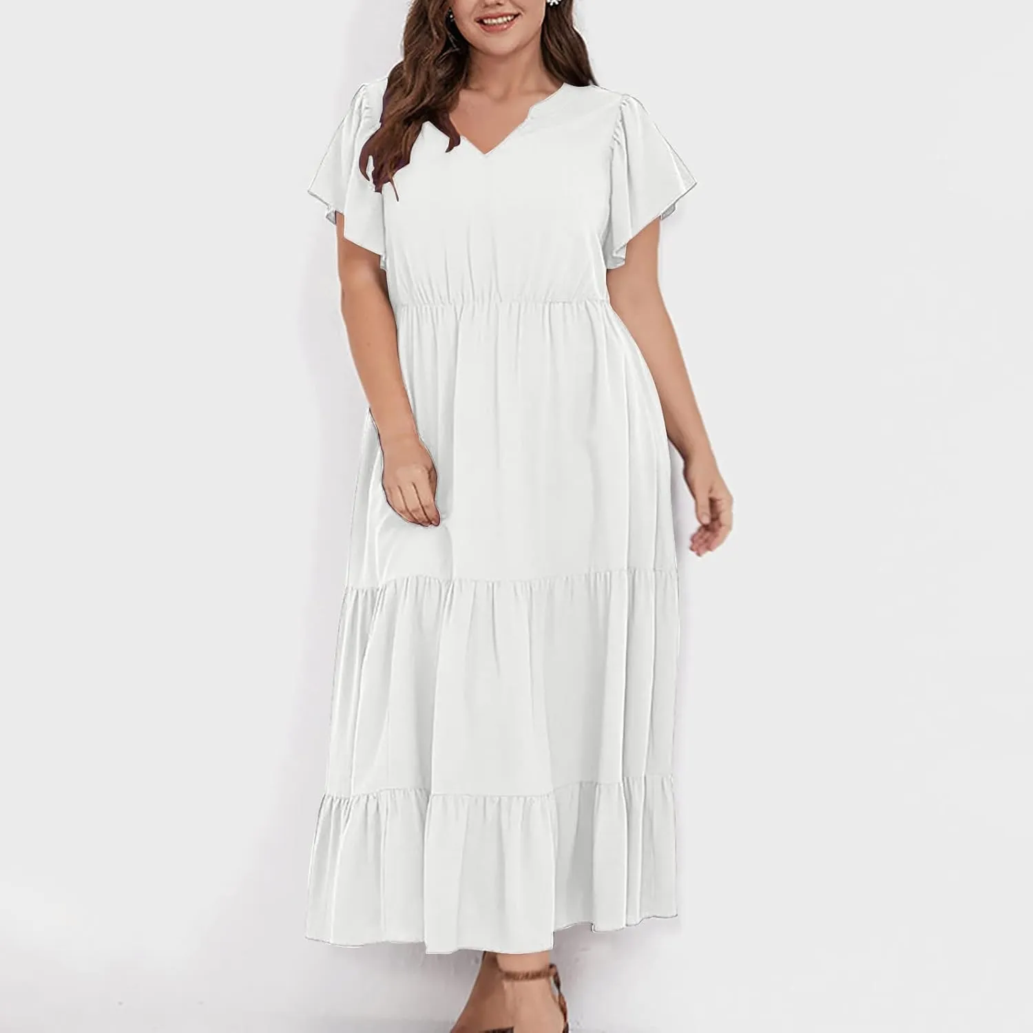 Summer Dresses for Women V Neck Ruffle Sleeve Casual Dress Beach Party Tropical Vacation Patchwork Maxi Sundress