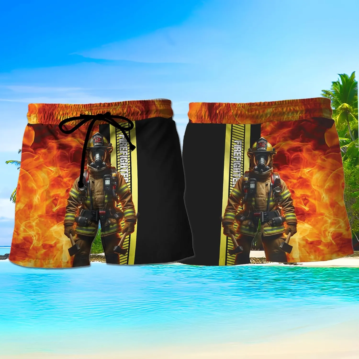 V-DECORPARKS Firefighter Mens Swim Trunks - Labor Day Swimming Trunk for Men - Drawstring Beach Shorts, Mens Swim Shorts 28