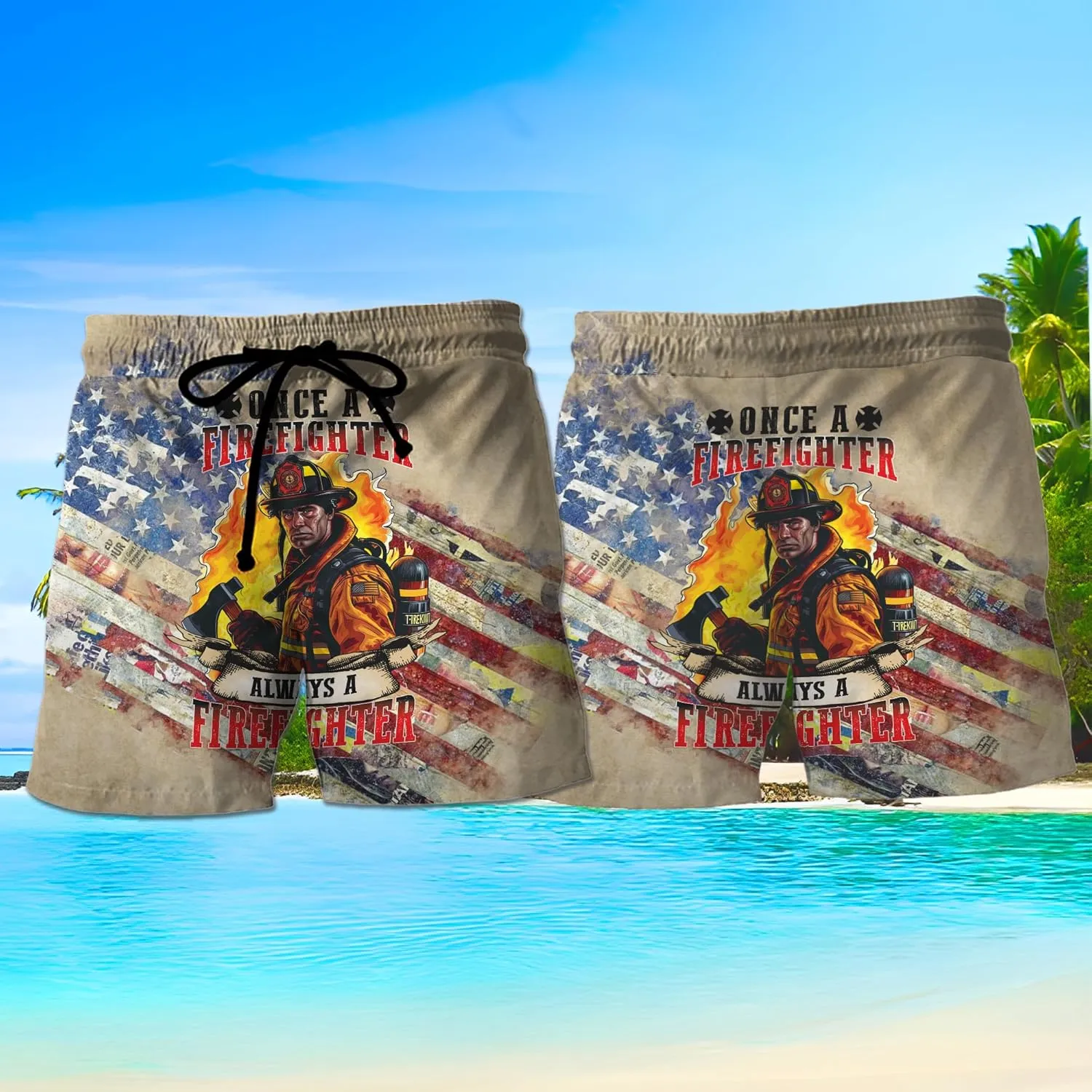 V-DECORPARKS Firefighter Mens Swim Trunks - Labor Day Swimming Trunk for Men - Drawstring Beach Shorts, Mens Swim Shorts 28