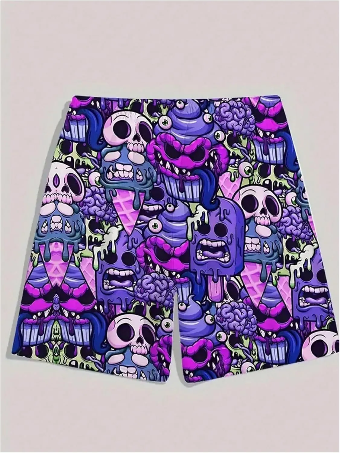 WDIRARA Men's Cartoon Skull Print Swim Trunks Drawstring Elastic Waist Beach Shorts