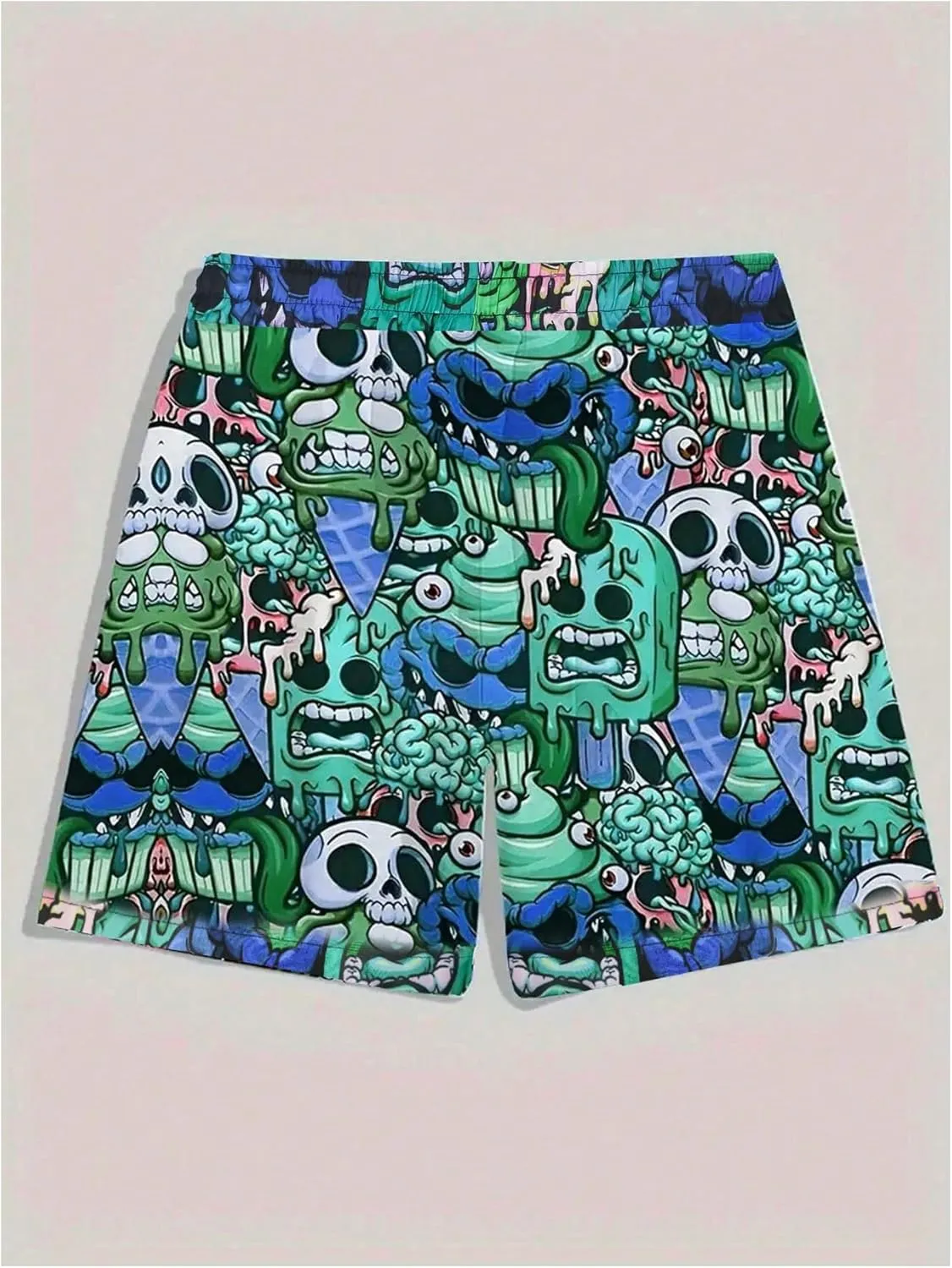 WDIRARA Men's Cartoon Skull Print Swim Trunks Drawstring Elastic Waist Beach Shorts