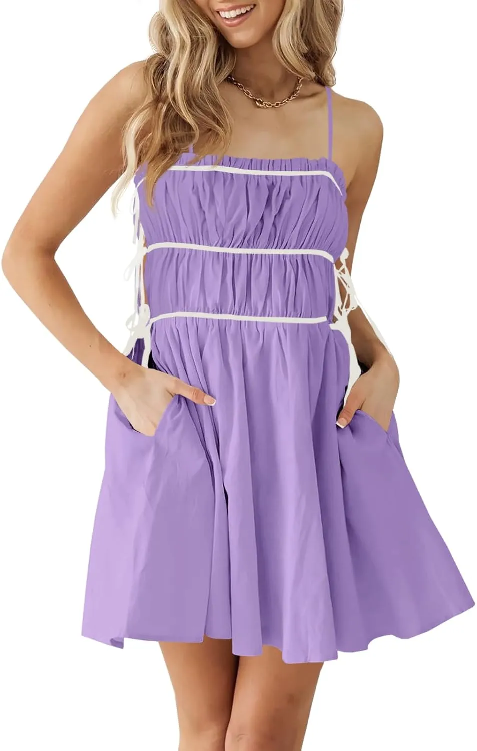 Wenrine Womens Summer Spaghetti Strap Mini Dress Sleeveless Tie Strap Smocked Contrast Color Casual Ruffle Beach Sundress