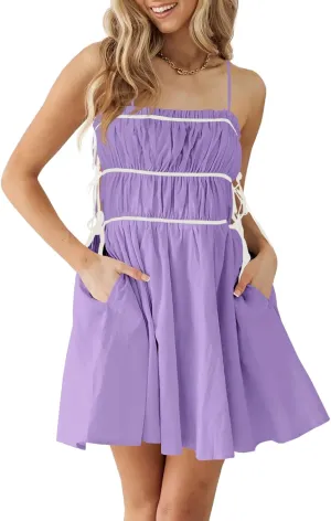 Wenrine Womens Summer Spaghetti Strap Mini Dress Sleeveless Tie Strap Smocked Contrast Color Casual Ruffle Beach Sundress