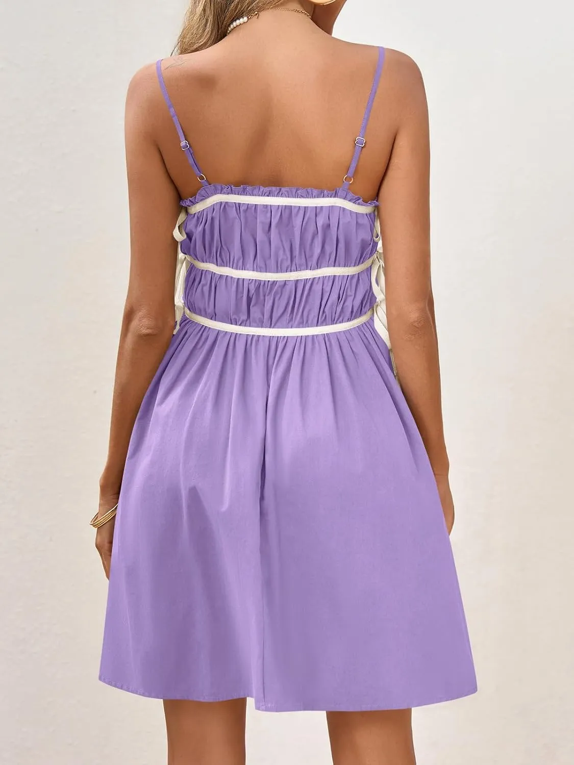 Wenrine Womens Summer Spaghetti Strap Mini Dress Sleeveless Tie Strap Smocked Contrast Color Casual Ruffle Beach Sundress