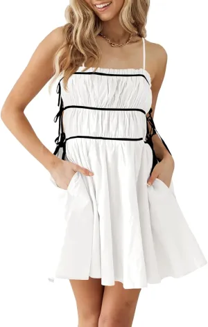 Wenrine Womens Summer Spaghetti Strap Mini Dress Sleeveless Tie Strap Smocked Contrast Color Casual Ruffle Beach Sundress