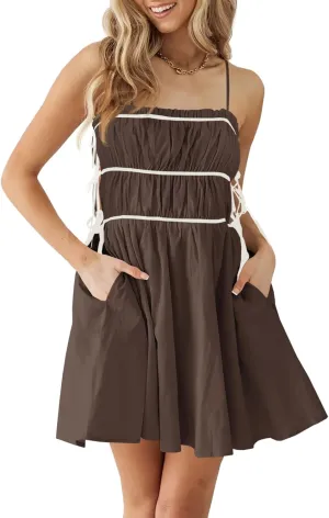 Wenrine Womens Summer Spaghetti Strap Mini Dress Sleeveless Tie Strap Smocked Contrast Color Casual Ruffle Beach Sundress