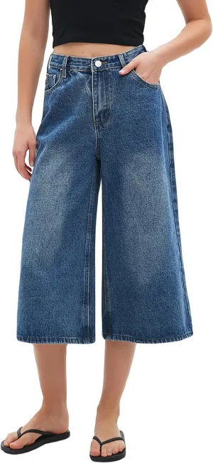 Wide Leg Cropped Jeans for Women Low Rise Baggy Capris Jean Summer Straight Leg Loose Denim Pants