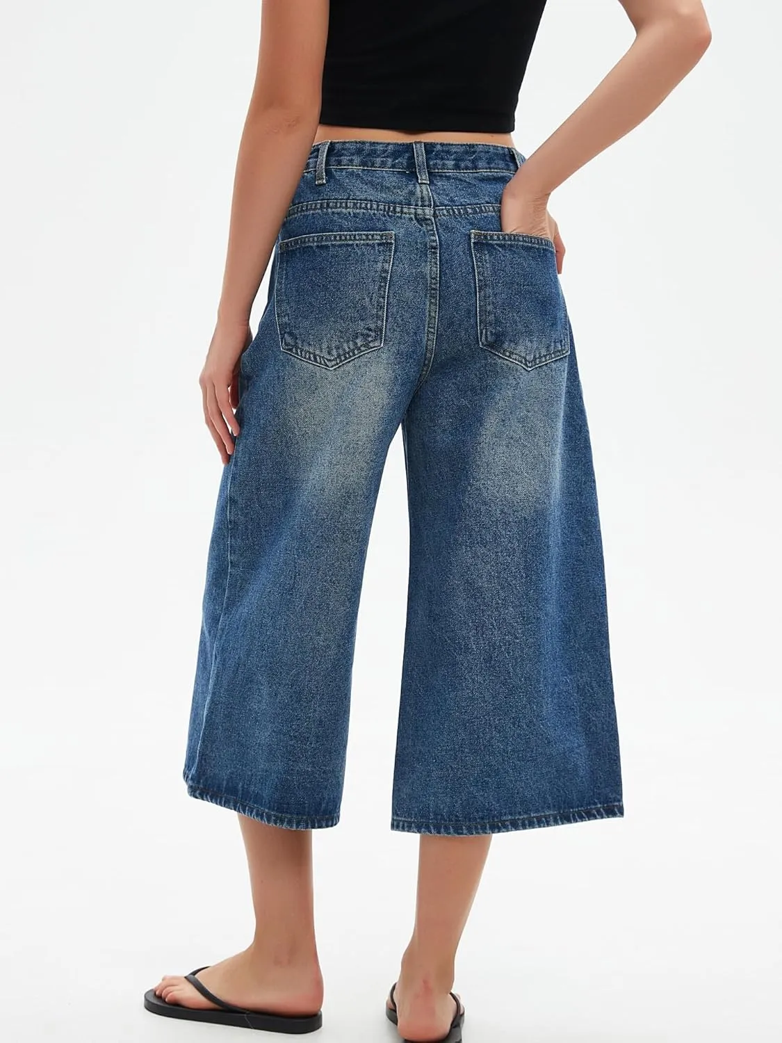 Wide Leg Cropped Jeans for Women Low Rise Baggy Capris Jean Summer Straight Leg Loose Denim Pants