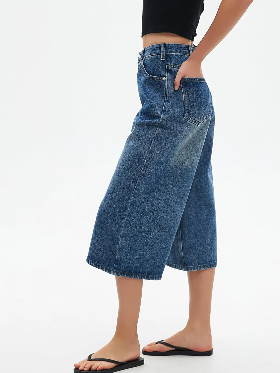 Wide Leg Cropped Jeans for Women Low Rise Baggy Capris Jean Summer Straight Leg Loose Denim Pants
