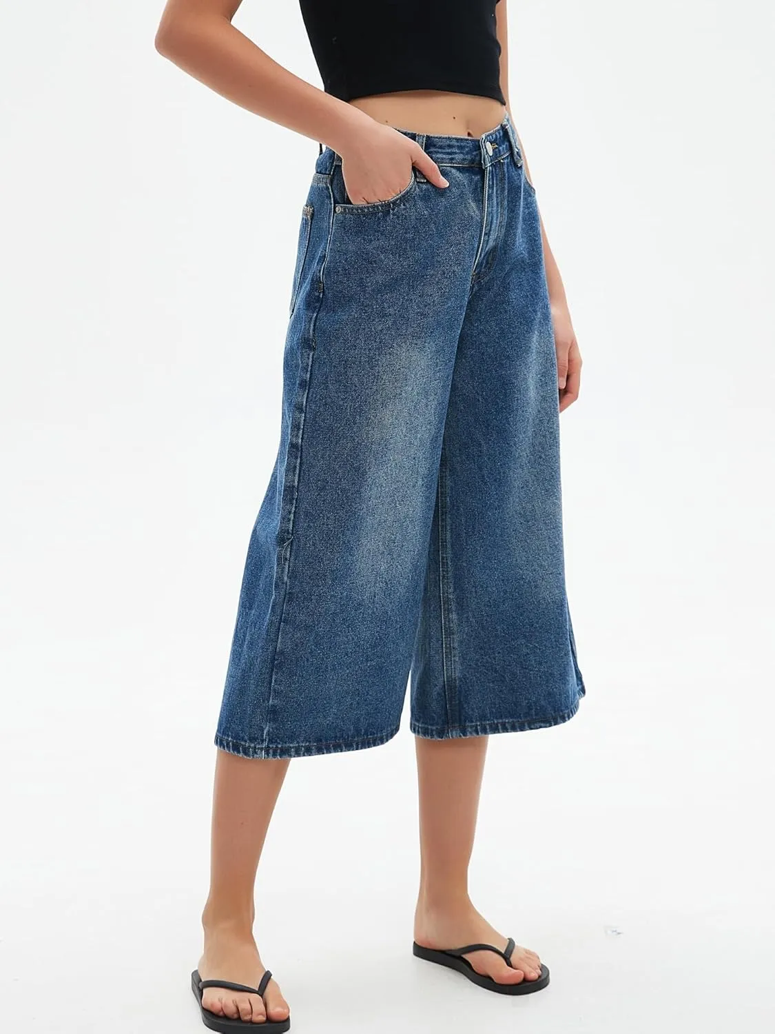 Wide Leg Cropped Jeans for Women Low Rise Baggy Capris Jean Summer Straight Leg Loose Denim Pants