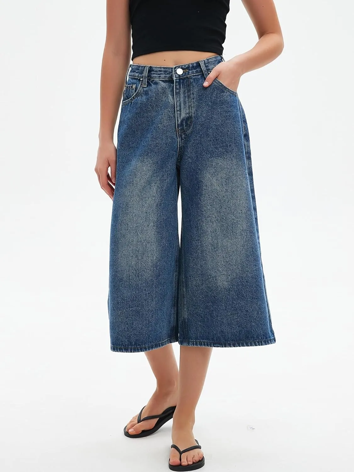 Wide Leg Cropped Jeans for Women Low Rise Baggy Capris Jean Summer Straight Leg Loose Denim Pants
