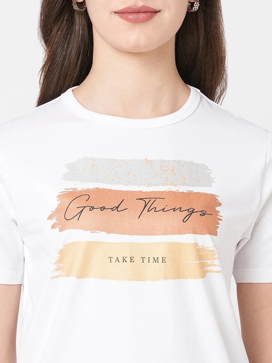 Women Slim Fit Chest Printed Boxy T-Shirt