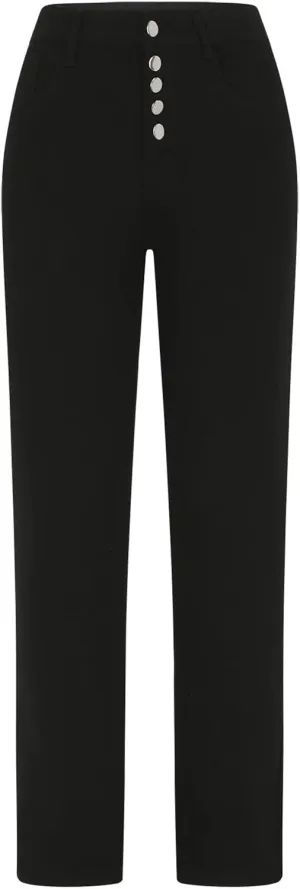Women Stretchy High Waist Jeans Trendy Button Straight Leg Denim Pants Baggy Lounge Full Length Trousers with Pockets