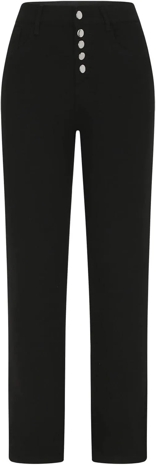 Women Stretchy High Waist Jeans Trendy Button Straight Leg Denim Pants Baggy Lounge Full Length Trousers with Pockets