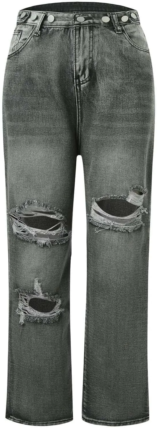 Women's Baggy Jeans Girls Vintage Streetwear Pants Aesthetic Clothing Ripped Baggy High Waisted Trousers with Pockets