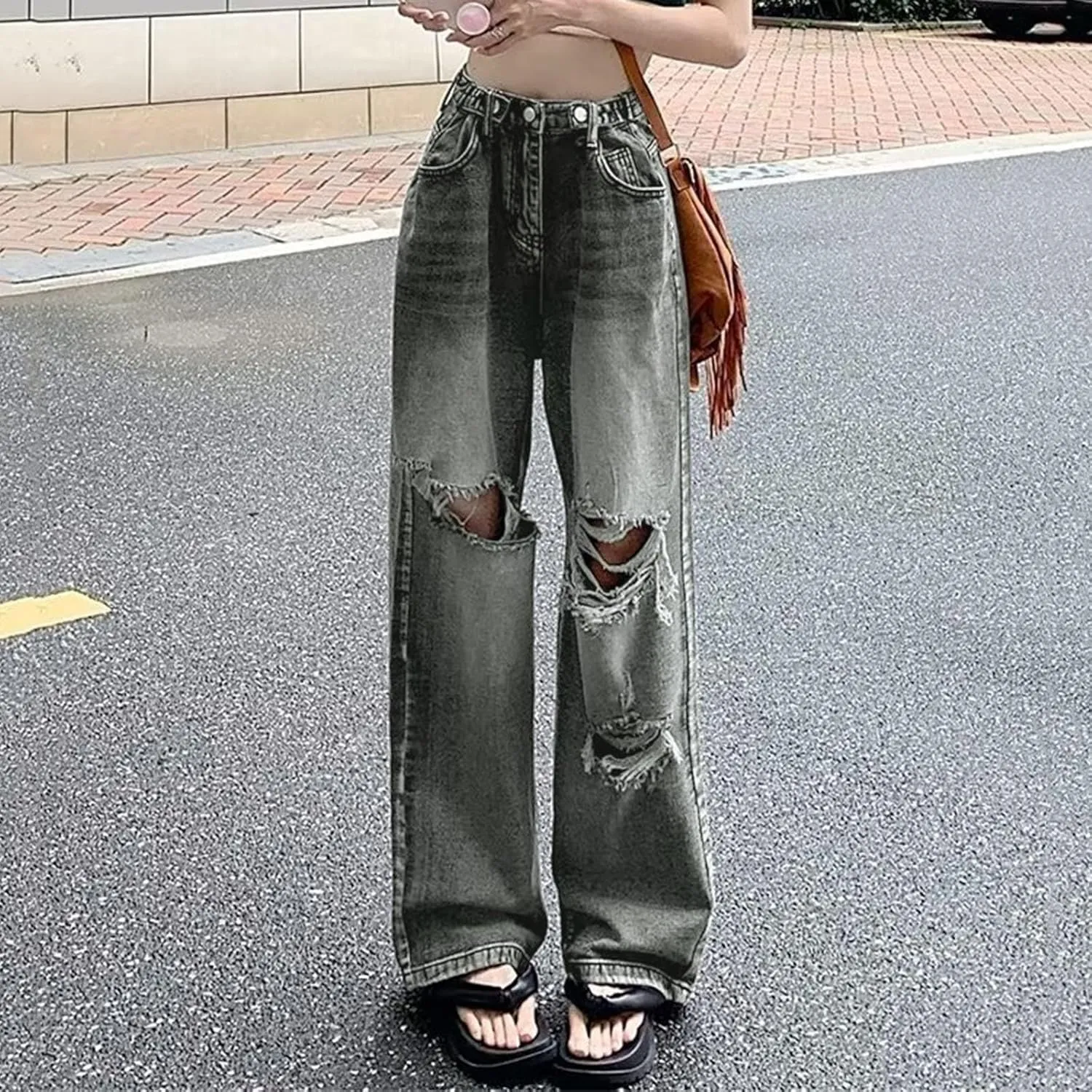 Women's Baggy Jeans Girls Vintage Streetwear Pants Aesthetic Clothing Ripped Baggy High Waisted Trousers with Pockets