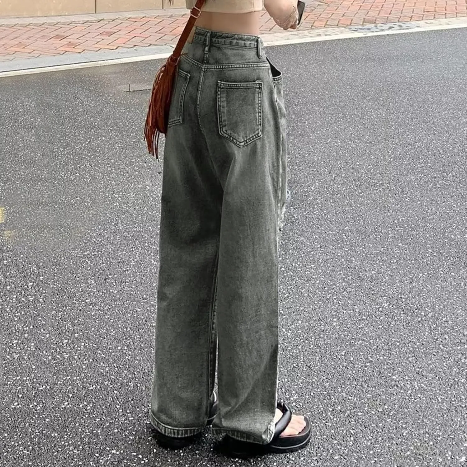 Women's Baggy Jeans Girls Vintage Streetwear Pants Aesthetic Clothing Ripped Baggy High Waisted Trousers with Pockets