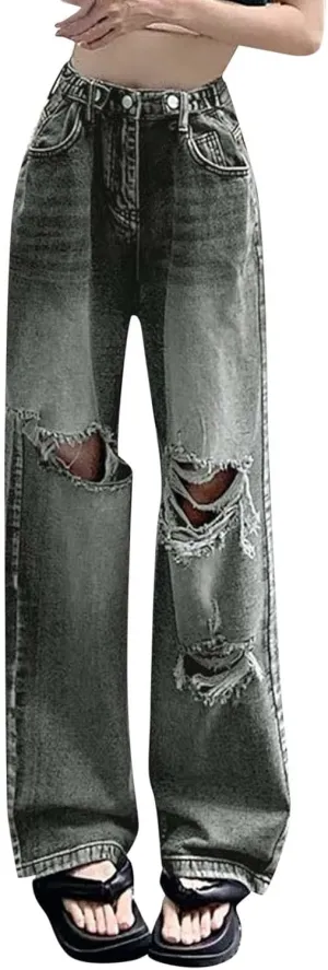 Women's Baggy Jeans Girls Vintage Streetwear Pants Aesthetic Clothing Ripped Baggy High Waisted Trousers with Pockets