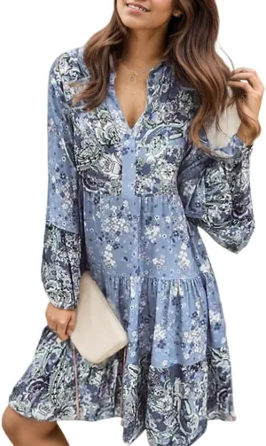 Womens Boho Floral Print Long Sleeve V Neck Mini Dress Flowy Tiered Ruffle Hem Casual Loose Beach Tunic Dresses
