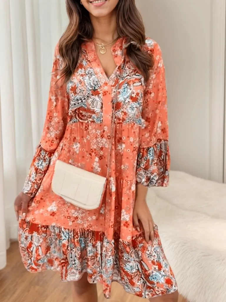 Womens Boho Floral Print Long Sleeve V Neck Mini Dress Flowy Tiered Ruffle Hem Casual Loose Beach Tunic Dresses