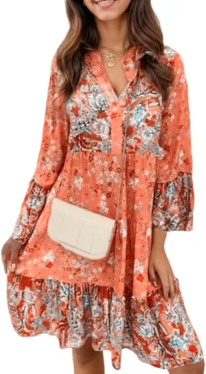 Womens Boho Floral Print Long Sleeve V Neck Mini Dress Flowy Tiered Ruffle Hem Casual Loose Beach Tunic Dresses
