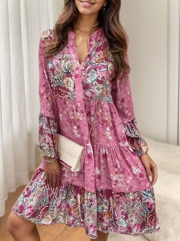 Womens Boho Floral Print Long Sleeve V Neck Mini Dress Flowy Tiered Ruffle Hem Casual Loose Beach Tunic Dresses