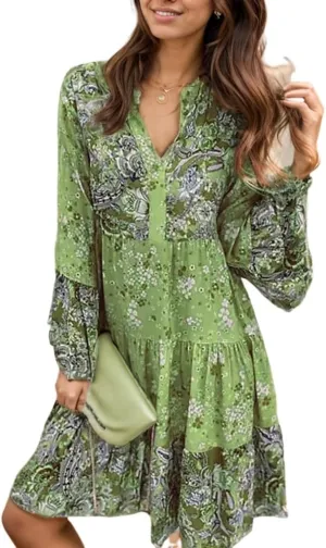Womens Boho Floral Print Long Sleeve V Neck Mini Dress Flowy Tiered Ruffle Hem Casual Loose Beach Tunic Dresses