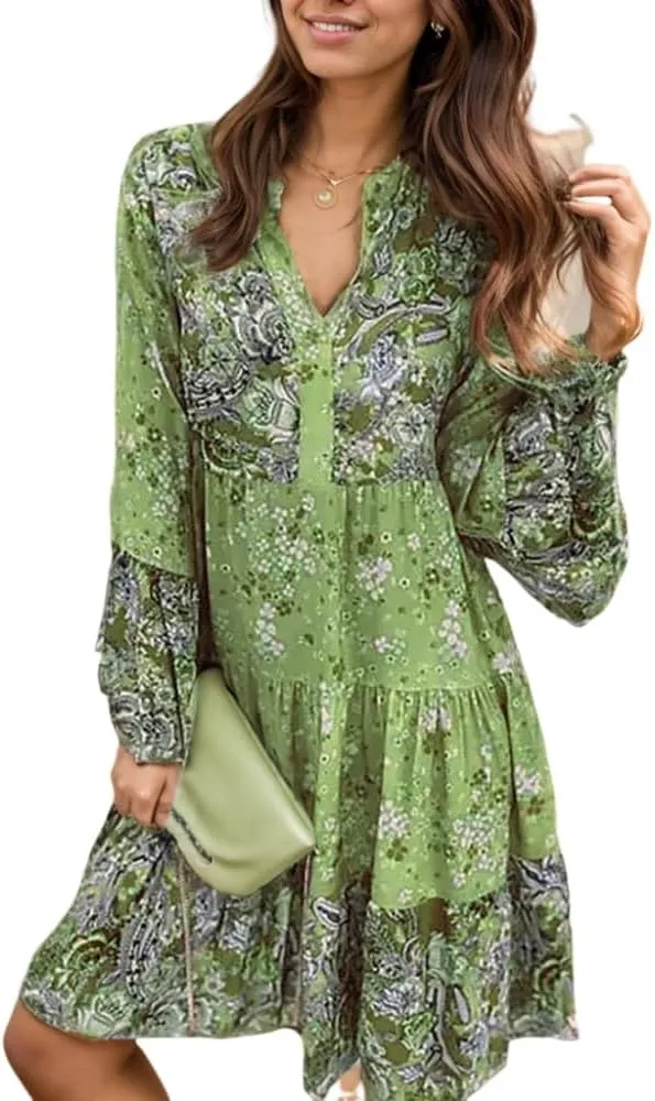Womens Boho Floral Print Long Sleeve V Neck Mini Dress Flowy Tiered Ruffle Hem Casual Loose Beach Tunic Dresses