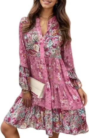 Womens Boho Floral Print Long Sleeve V Neck Mini Dress Flowy Tiered Ruffle Hem Casual Loose Beach Tunic Dresses