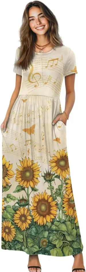 Women's Dress Crewneck Short Sleeve A-Line Dress Causal Long Sundress Summer Beach Clothes with Pockets