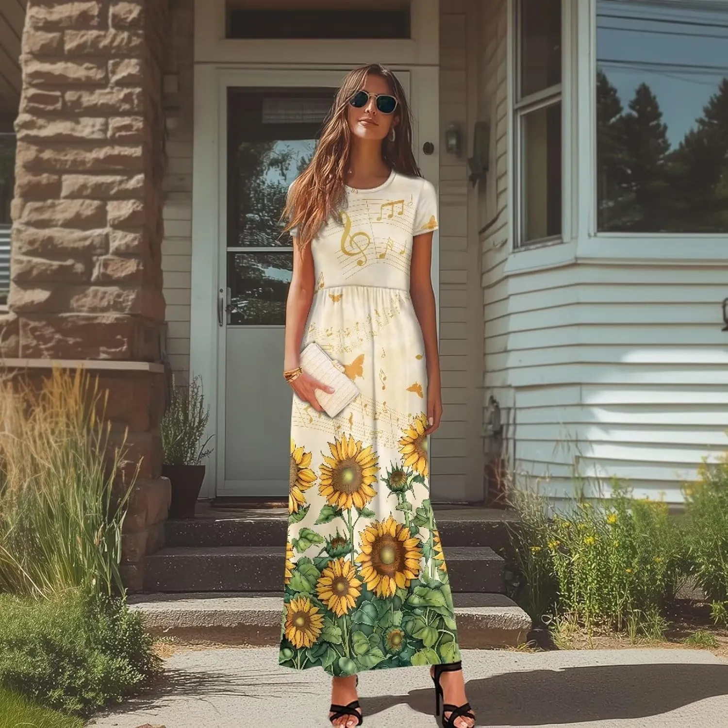 Women's Dress Crewneck Short Sleeve A-Line Dress Causal Long Sundress Summer Beach Clothes with Pockets