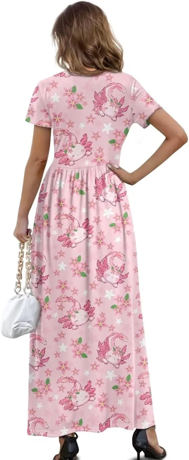 Women's Dress Crewneck Short Sleeve A-Line Dress Causal Long Sundress Summer Beach Clothes with Pockets