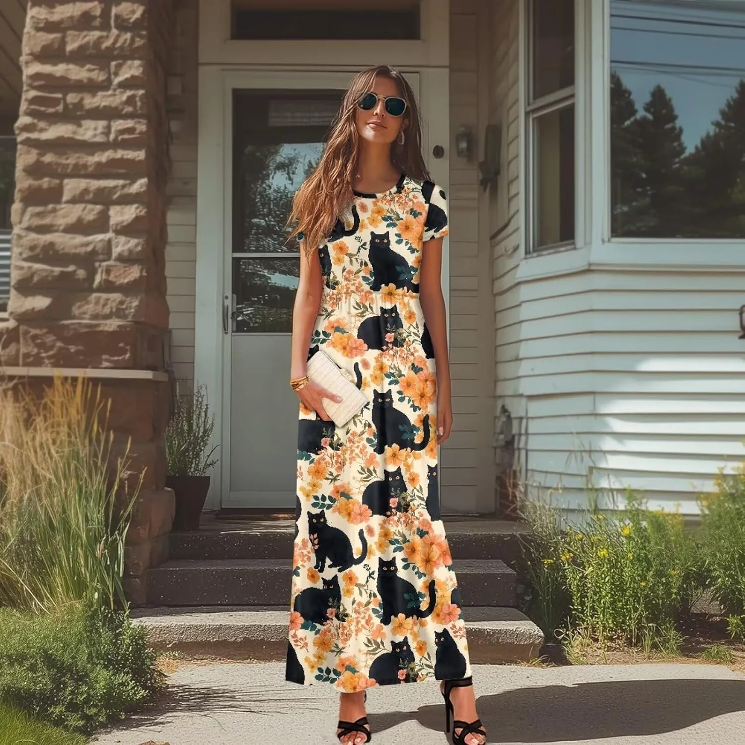 Women's Dress Crewneck Short Sleeve A-Line Dress Causal Long Sundress Summer Beach Clothes with Pockets