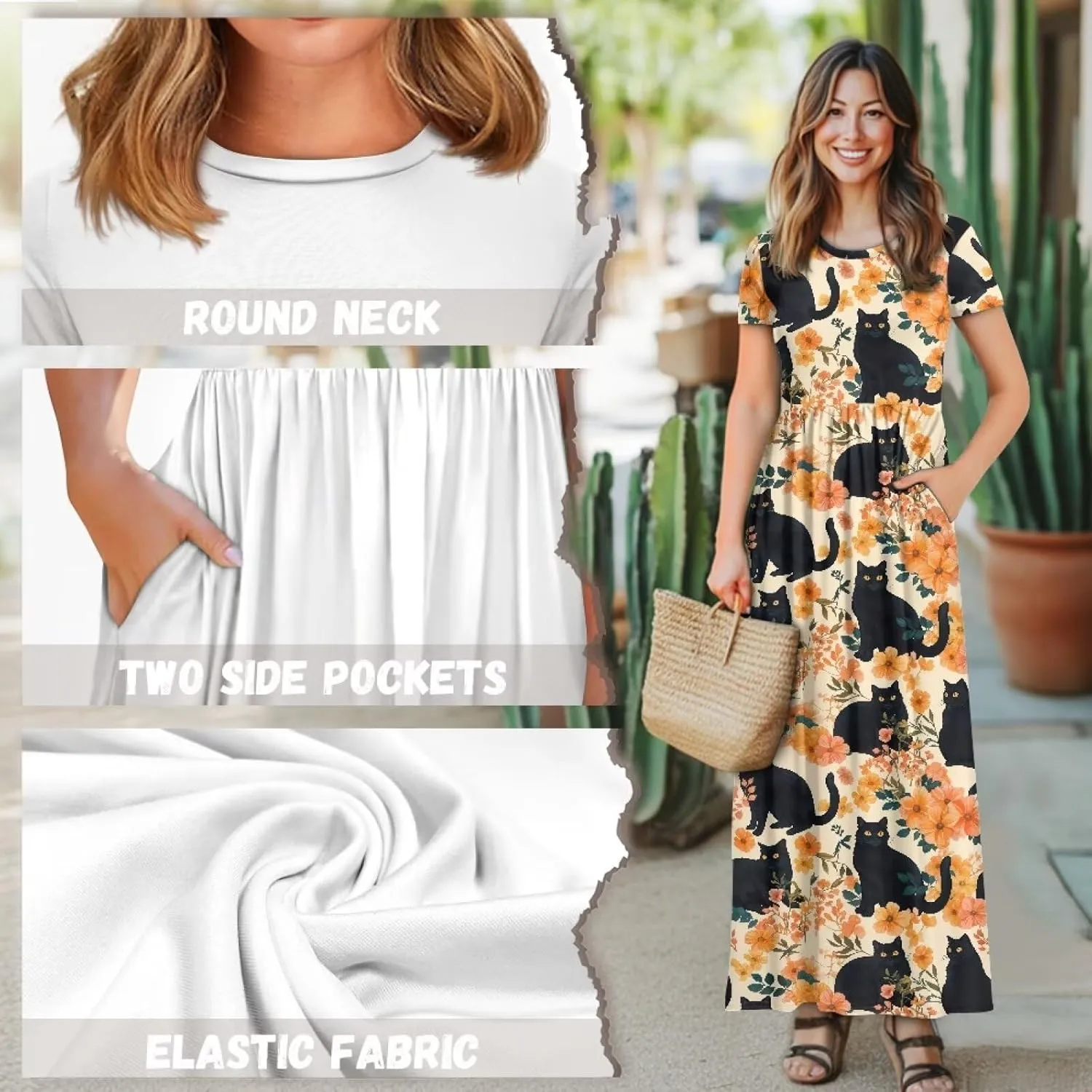 Women's Dress Crewneck Short Sleeve A-Line Dress Causal Long Sundress Summer Beach Clothes with Pockets