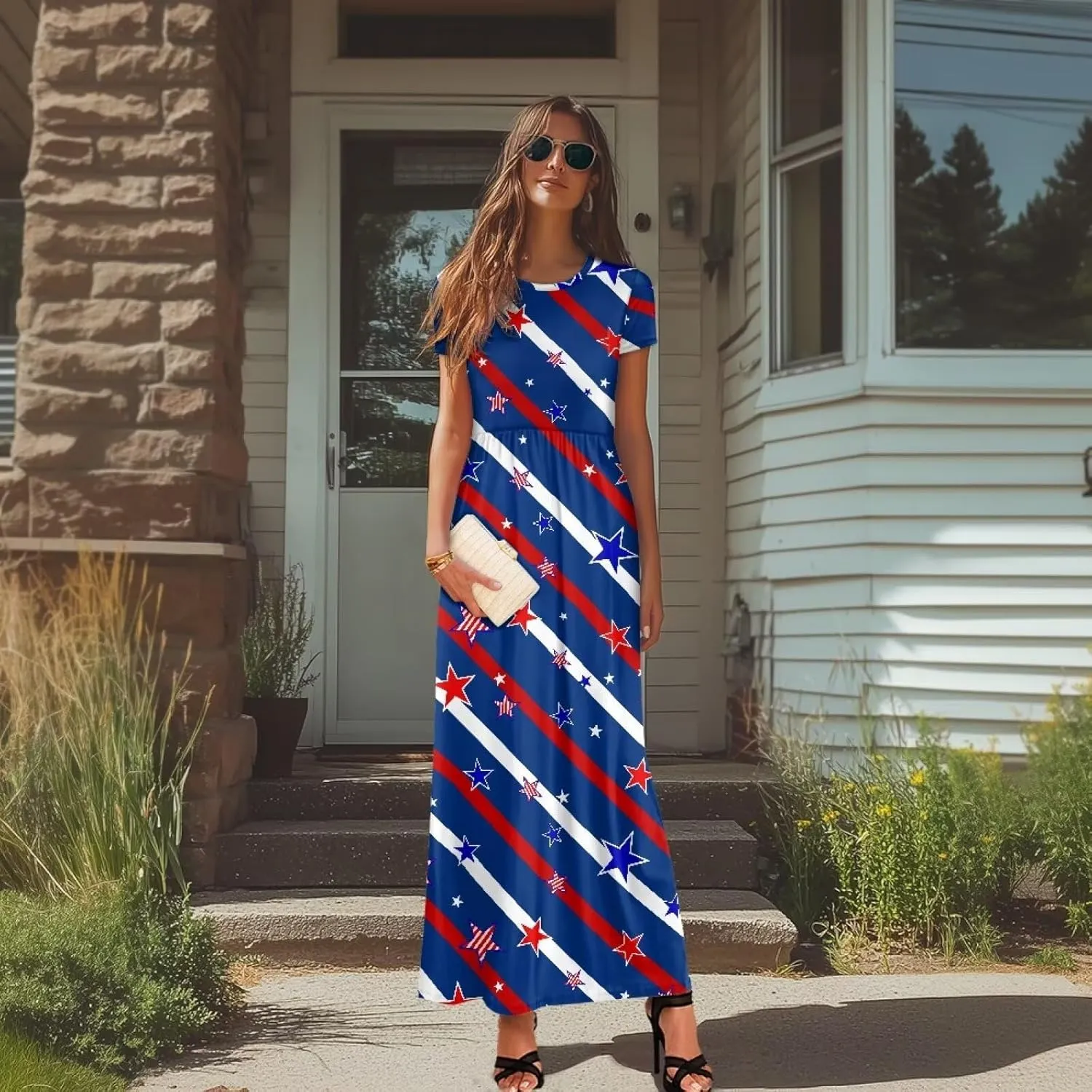 Women's Dress Crewneck Short Sleeve A-Line Dress Causal Long Sundress Summer Beach Clothes with Pockets