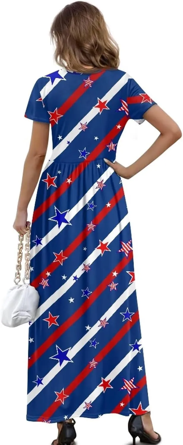 Women's Dress Crewneck Short Sleeve A-Line Dress Causal Long Sundress Summer Beach Clothes with Pockets