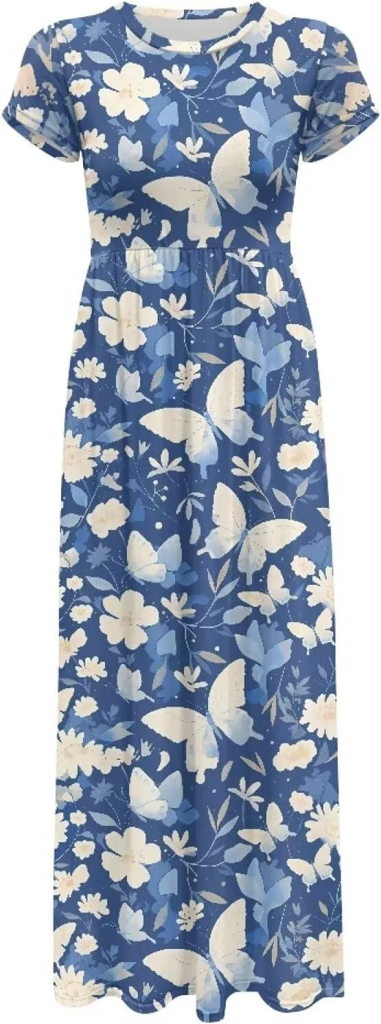 Women's Dress Crewneck Short Sleeve A-Line Dress Causal Long Sundress Summer Beach Clothes with Pockets