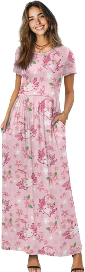 Women's Dress Crewneck Short Sleeve A-Line Dress Causal Long Sundress Summer Beach Clothes with Pockets