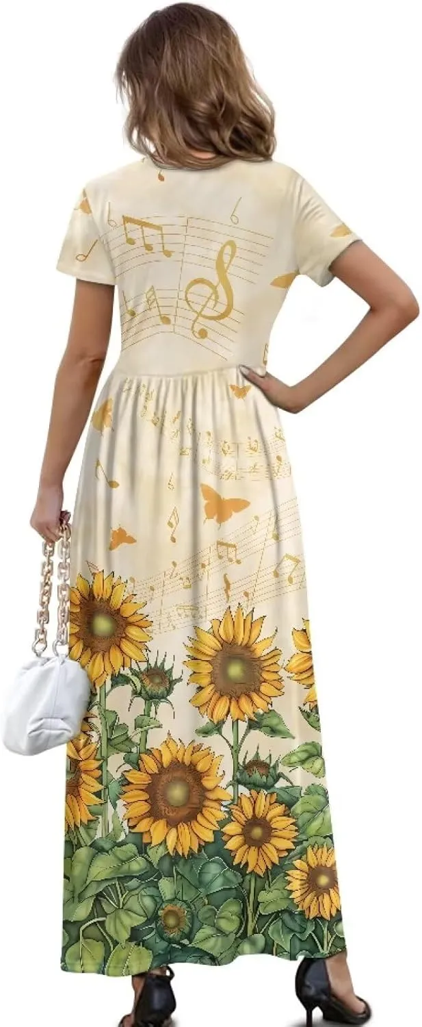 Women's Dress Crewneck Short Sleeve A-Line Dress Causal Long Sundress Summer Beach Clothes with Pockets