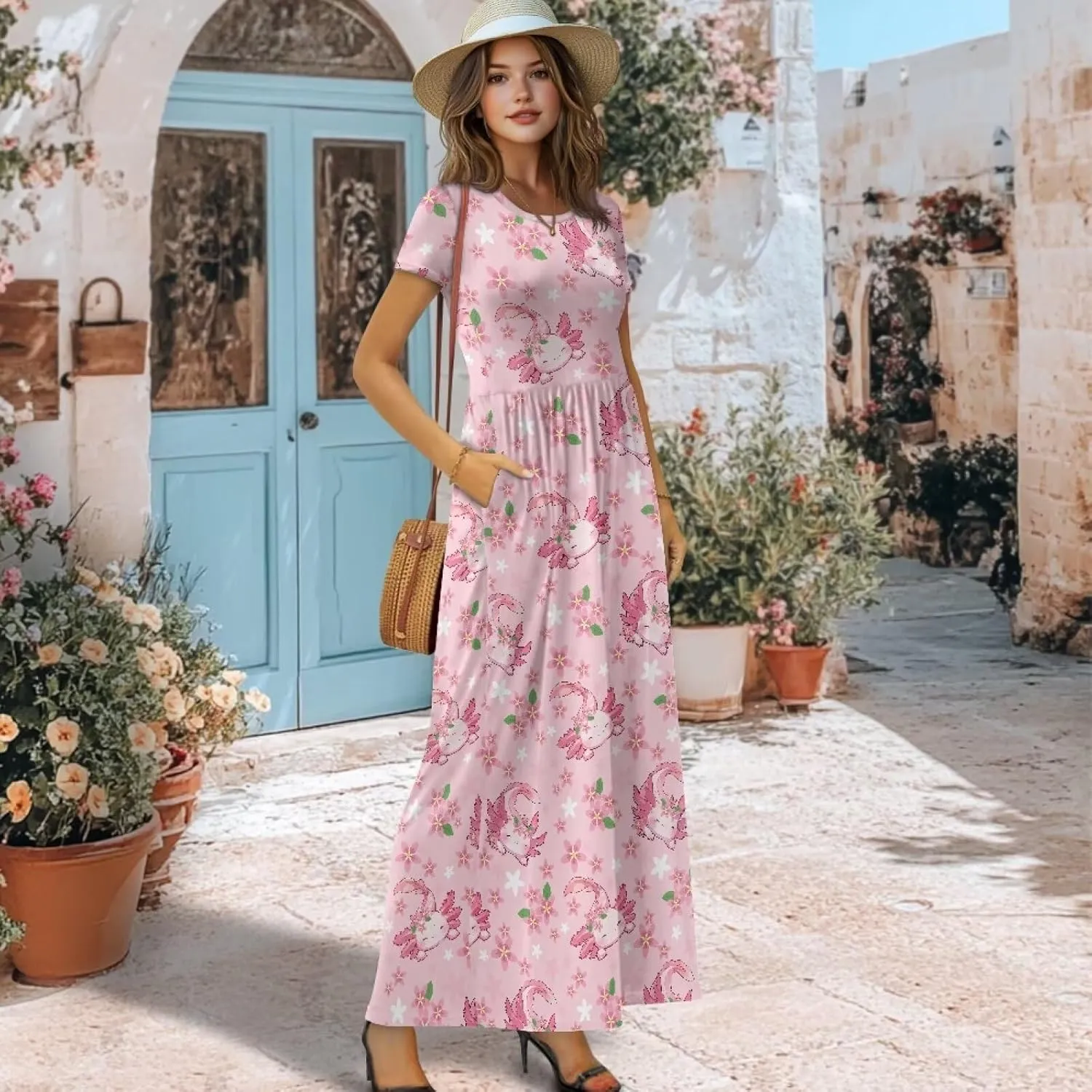 Women's Dress Crewneck Short Sleeve A-Line Dress Causal Long Sundress Summer Beach Clothes with Pockets