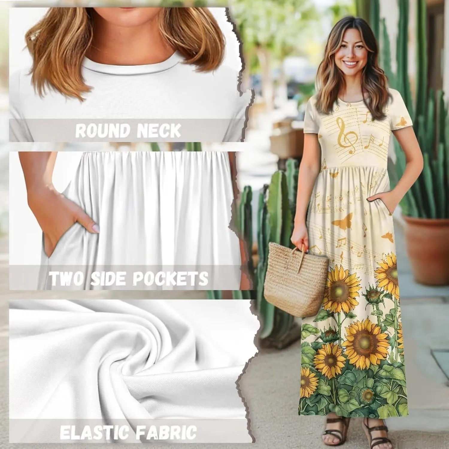 Women's Dress Crewneck Short Sleeve A-Line Dress Causal Long Sundress Summer Beach Clothes with Pockets