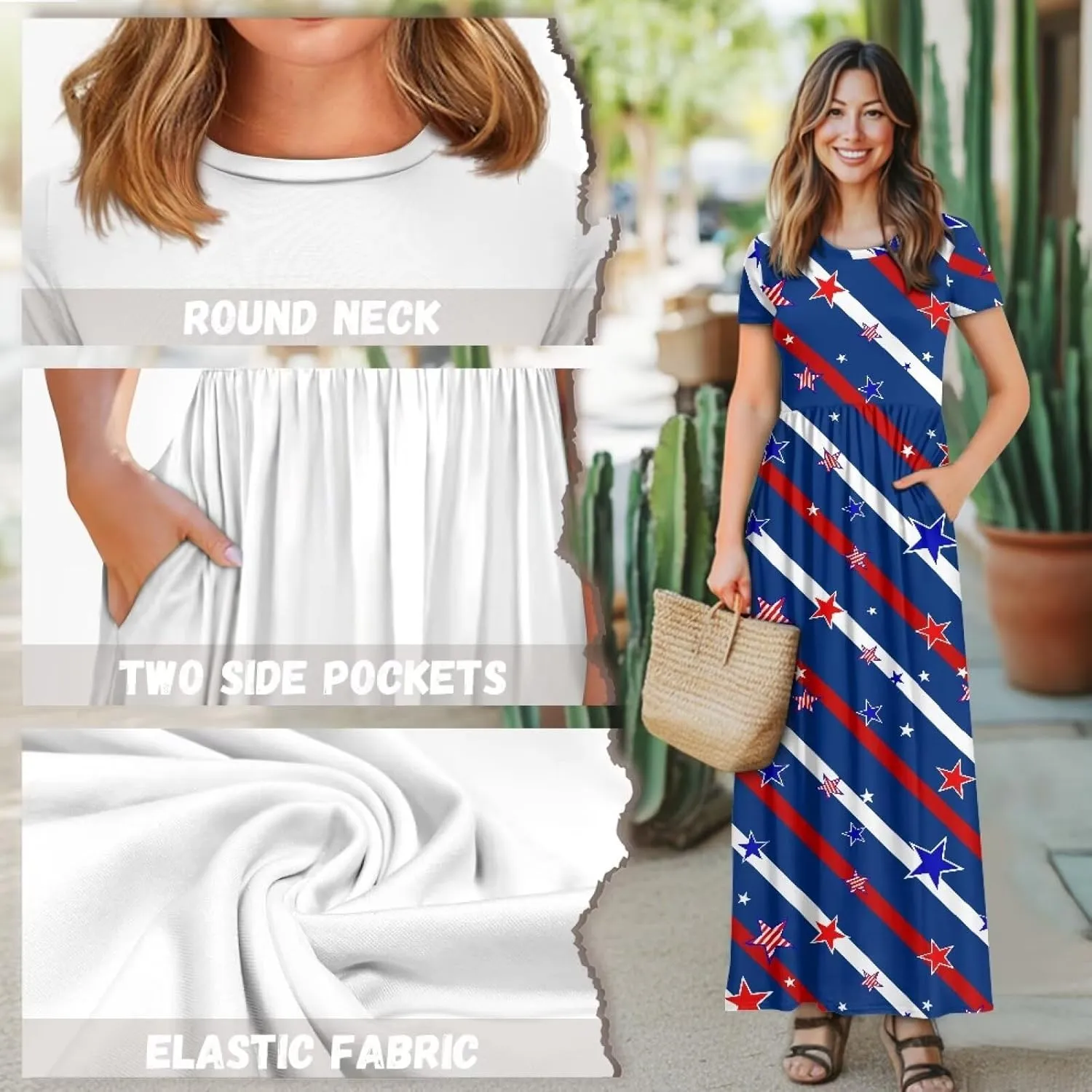 Women's Dress Crewneck Short Sleeve A-Line Dress Causal Long Sundress Summer Beach Clothes with Pockets