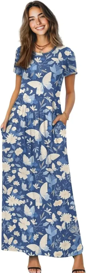 Women's Dress Crewneck Short Sleeve A-Line Dress Causal Long Sundress Summer Beach Clothes with Pockets